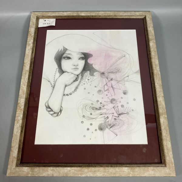 N3-270　額縁 額装 絵画 鉛筆 女性 人物画 約55×44×2.5cm 中古品