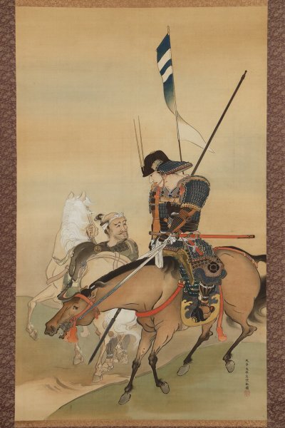【真作 菱田春草親友】掛軸「天草神来 幽斎公戦場御出馬之図 大幅」日本画家 東京美術学校 熊本 絵画