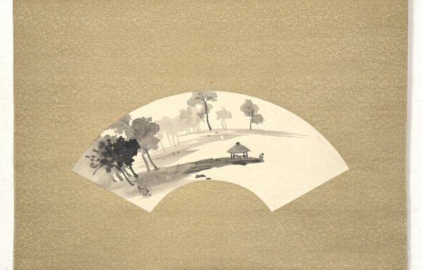 【真作 菱田千代箱書】掛軸「菱田春草 水辺小亭之図 扇面」二重箱 橋本雅邦門下四天王 朦朧体 絵画