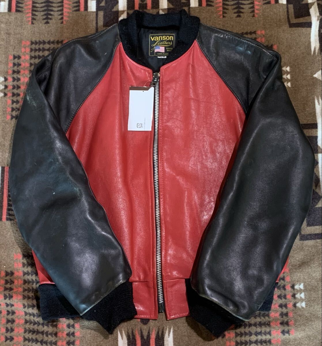 ビンテージ90s90年代vansonバンソン TJチームジャケット ライダースジャケット レザージャケット 赤ツートン 黒42 シングル z813