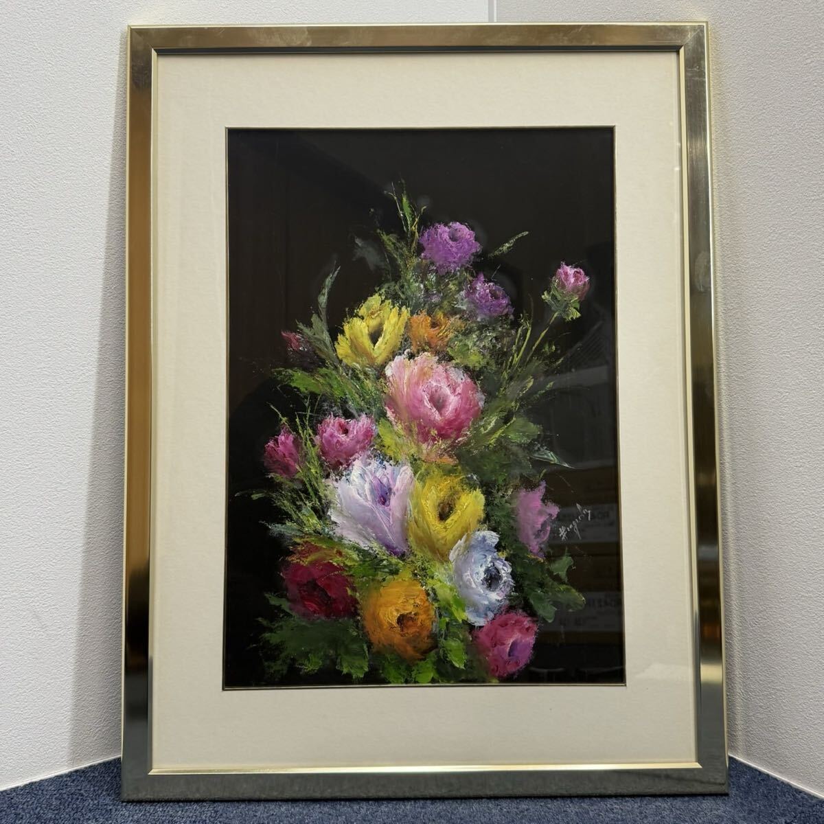 H112KZ40j 作者不明 サインあり 花 油彩画 額装 油絵 静物画 アネモネ ゴールドフレーム インパクト 肉筆 壁掛けインテリア