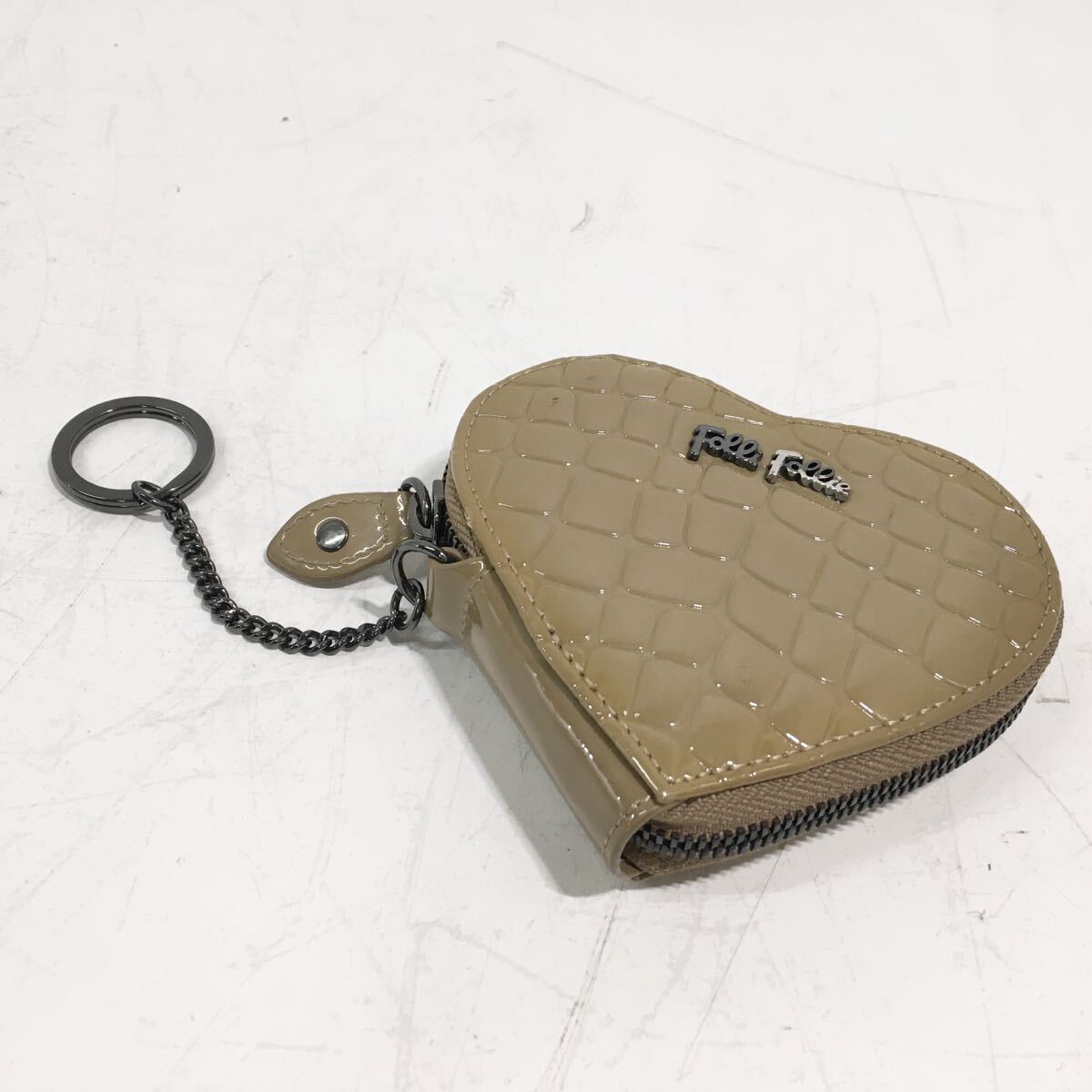 FolliFollie フォリフォリ　ハートコインケース　キーリング ベージュ モカブラウン ブラウン系 コインケース ハート クロコ型風 小銭入れ 