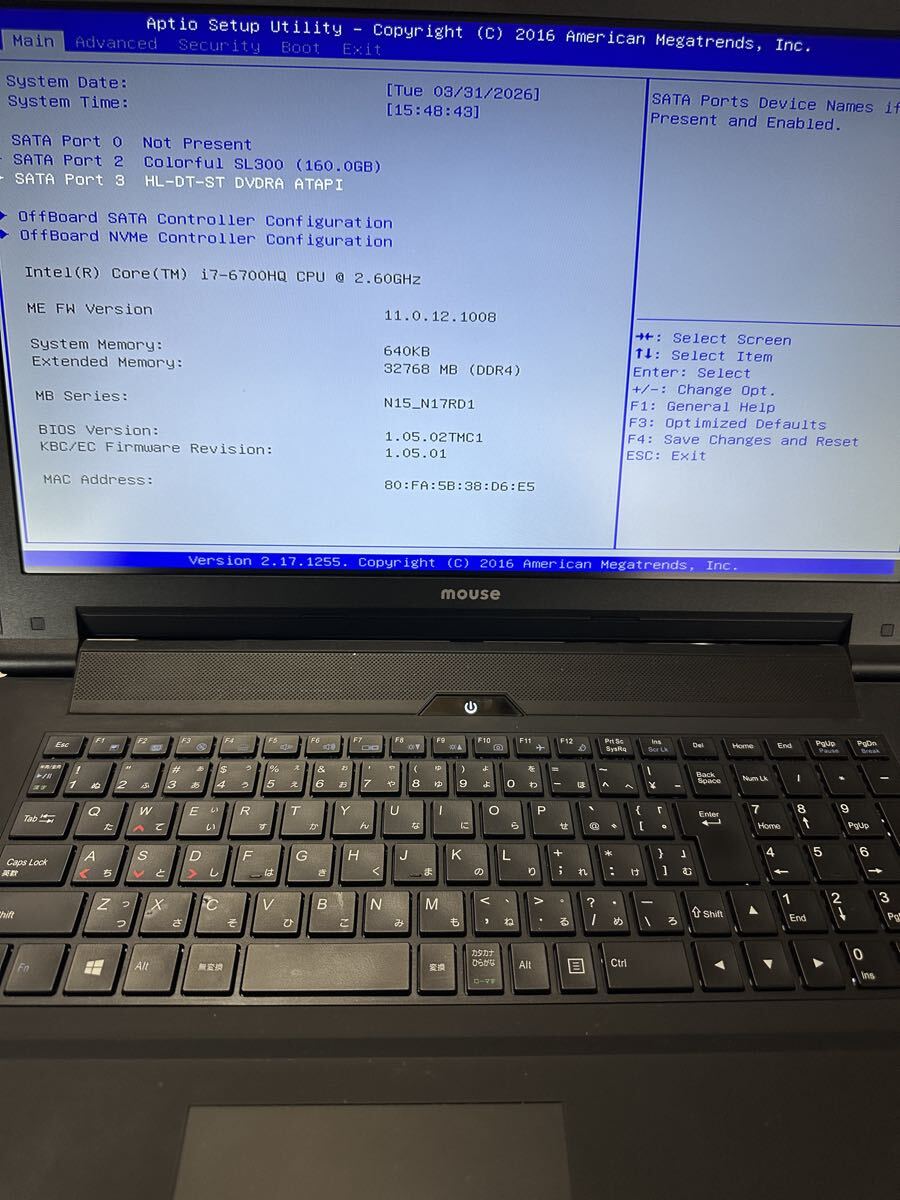 MouseComputer MB-W870S-SH2 Core i7-6700HQ 2.6GHz メモリ32GB SSD 160 DVDスーパーマルチ ノート