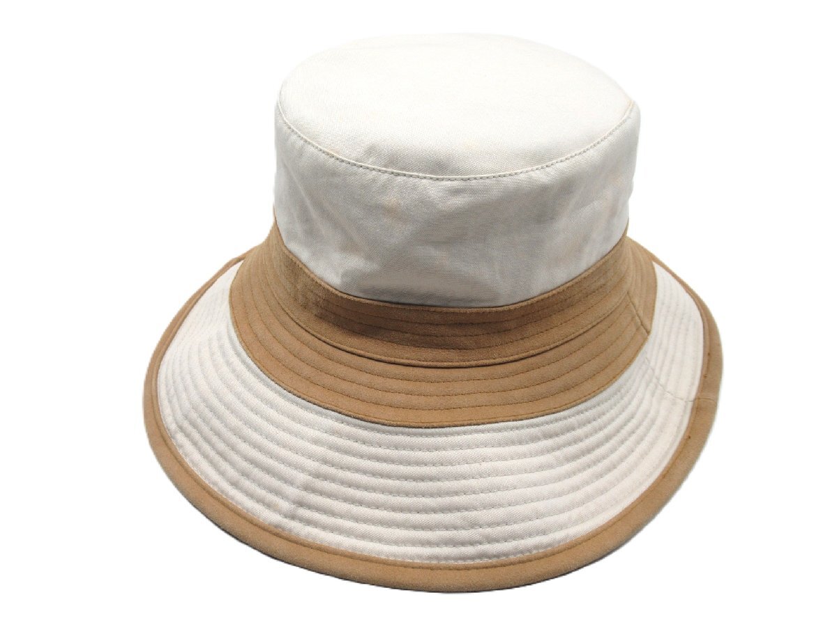 ☆【B送900円】3309　HERMES　エルメス　コットンバケットハット　帽子　ツバ広　日除け　ベージュ系　フランス製　綿100％　57
