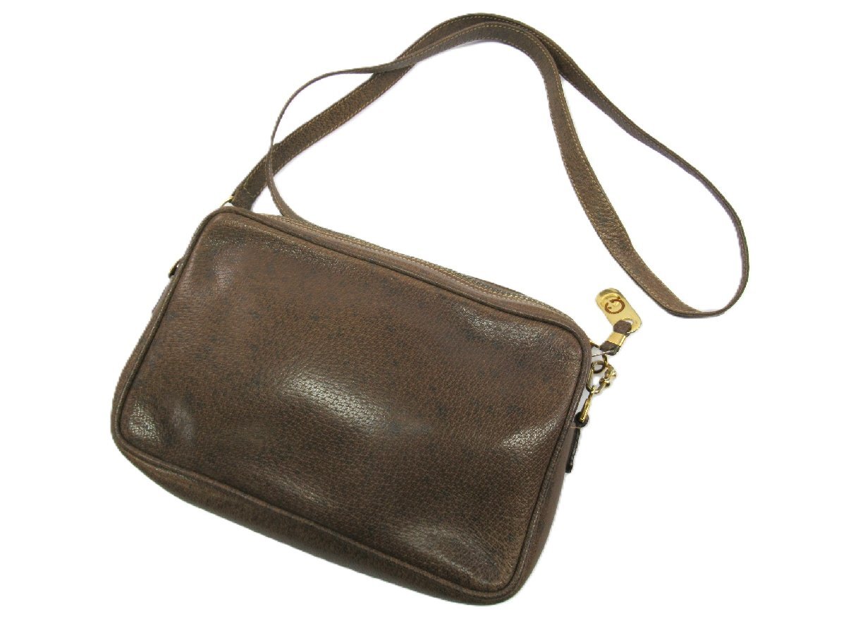 ☆【B送900円】3324　GUCCI　オールドグッチ　ショルダーバッグ　ポシェット　レザー　ブラウン×ゴールド金具　イタリア製