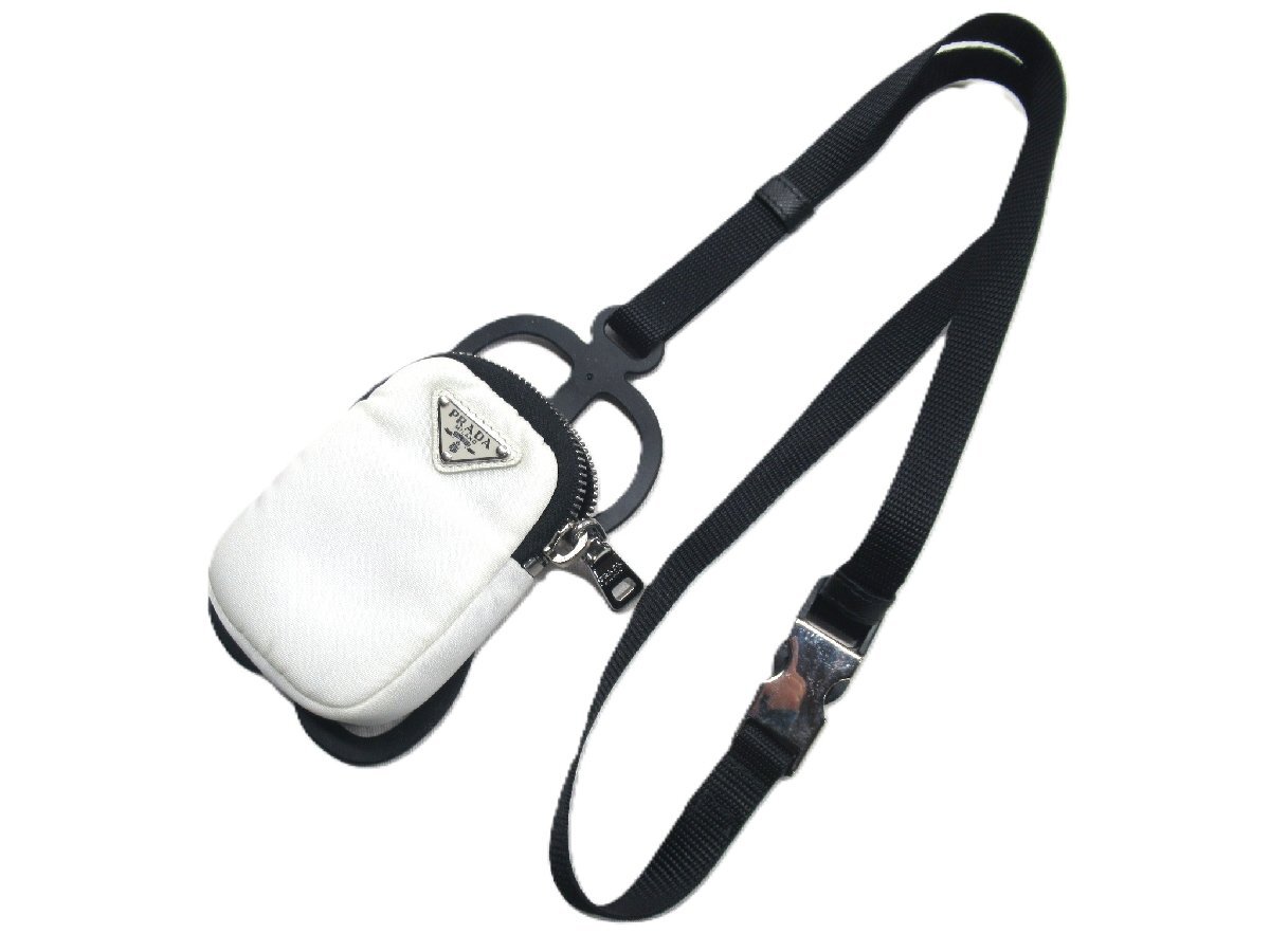 ★【B送900円】3382　PRADA　プラダ　スマホショルダー　ポーチ　ストラップ　トライアングルロゴ　白×黒　イタリア製　ギャランティ付き