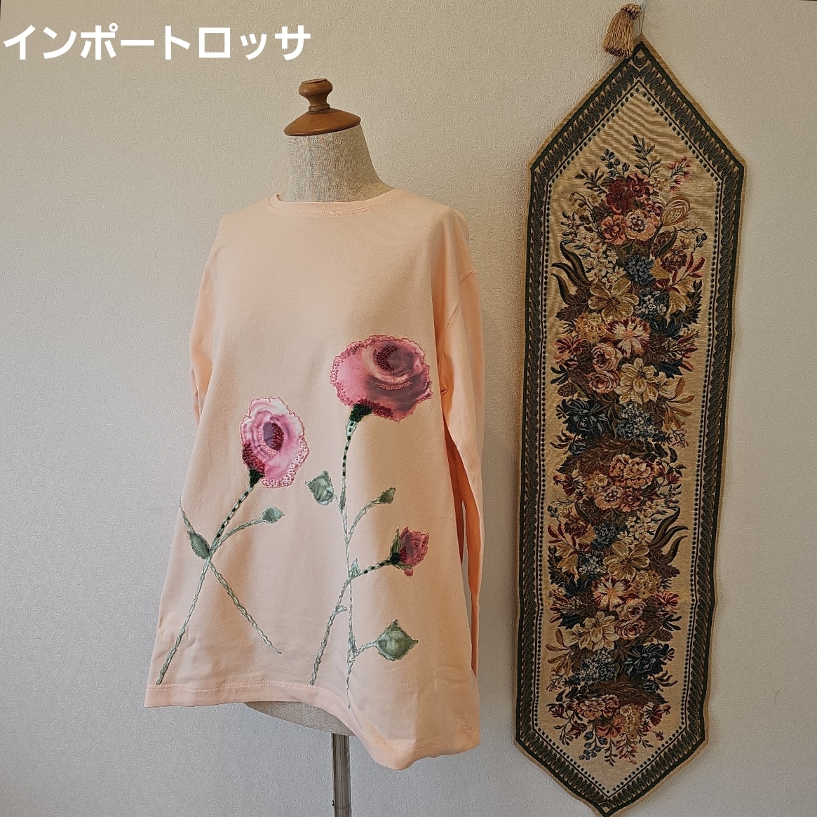 新品未使用　インポートロッサ 長袖 Tシャツ　トップス 花刺繍 ロングスリーブ ピンク　ノベルティ ゴブラン織り テーブルライナー■M1mar7