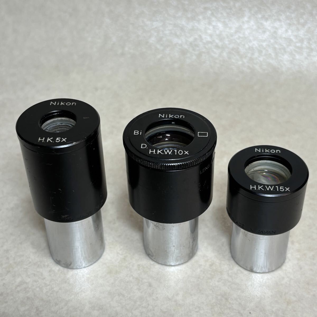  3 - 12 ）Nikon ニコン 顕微鏡 接眼レンズ　H.K.5x / Bi D.H.K.W.10x / H.K.W.15x 3本セット