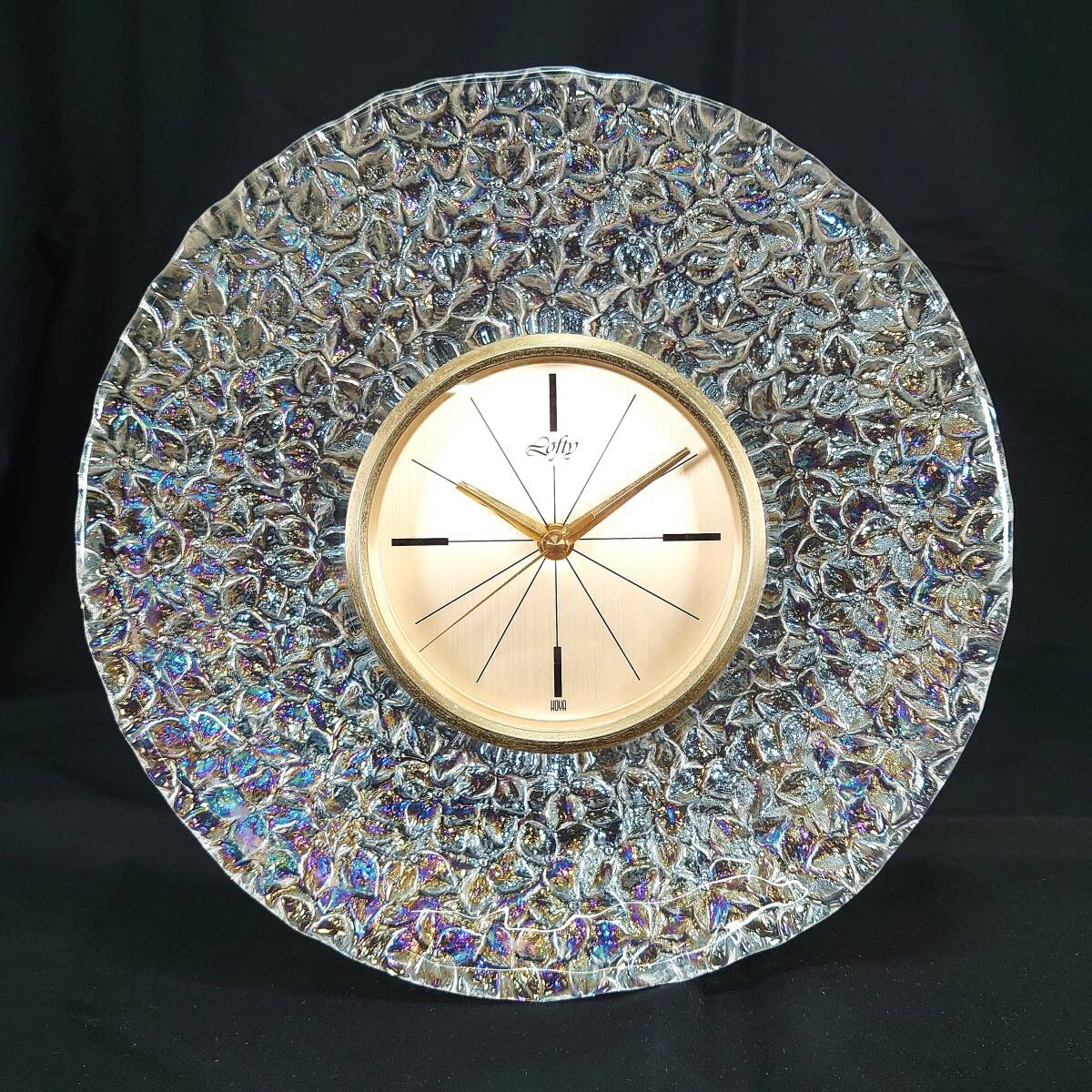 動作確認済み HOYA CRYSTAL ホヤクリスタル Lofty ロフティ ECS460L 置時計 クリスタル ガラス 硝子 昭和レトロ 直径28.5㎝ 現状品