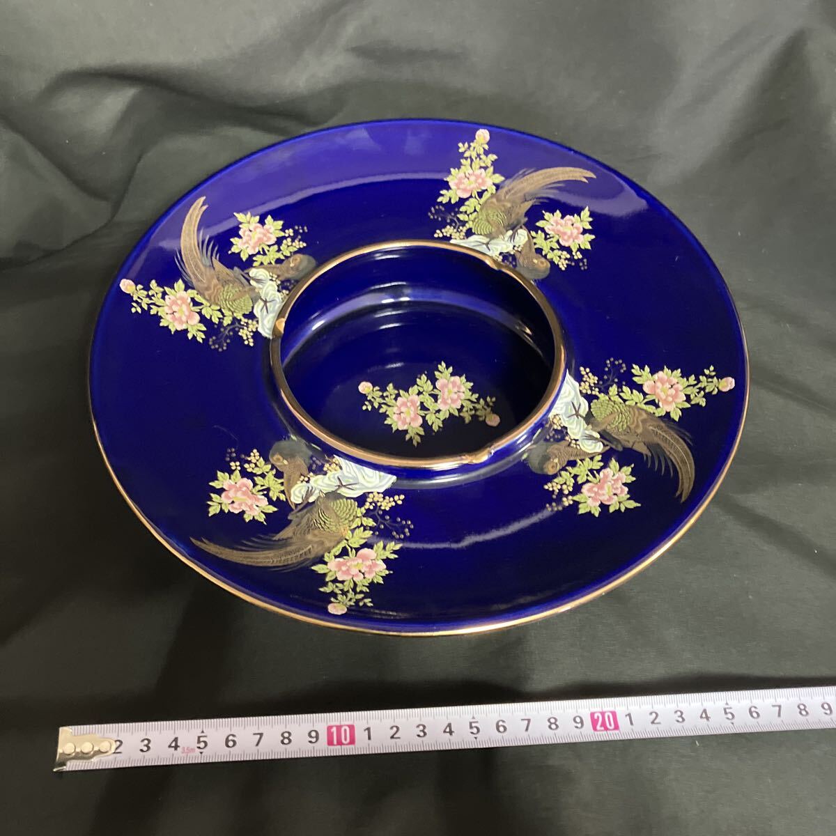 九谷焼　秋峰　瑠璃金彩花鳥？　灰皿　 陶器　インテリア　オブジェ　美品　