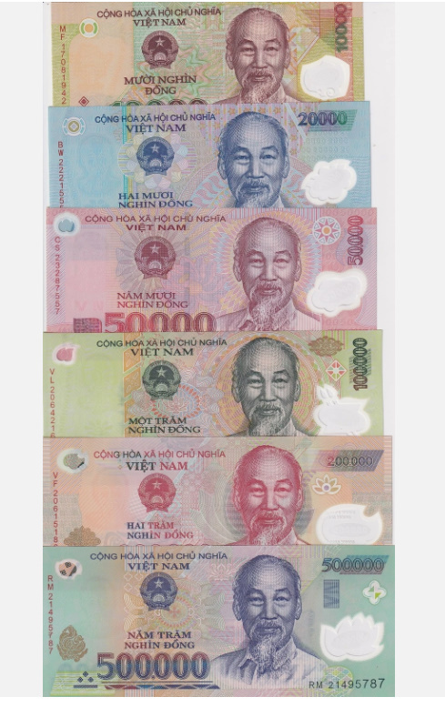 ベトナム セット 6種６枚 UNC 10000, 20000, 50000, 100000, 200000, 50000, ドン 混合年 P 119-124 ポリマー