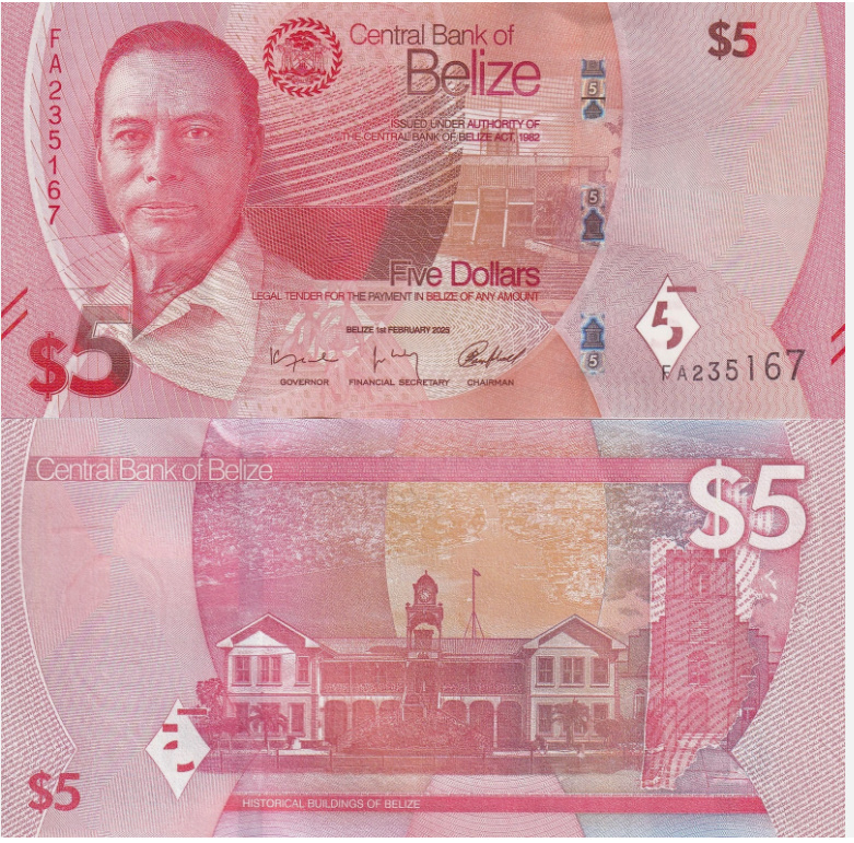べリーズ 2025年 New 5Dollars 未使用 p-74