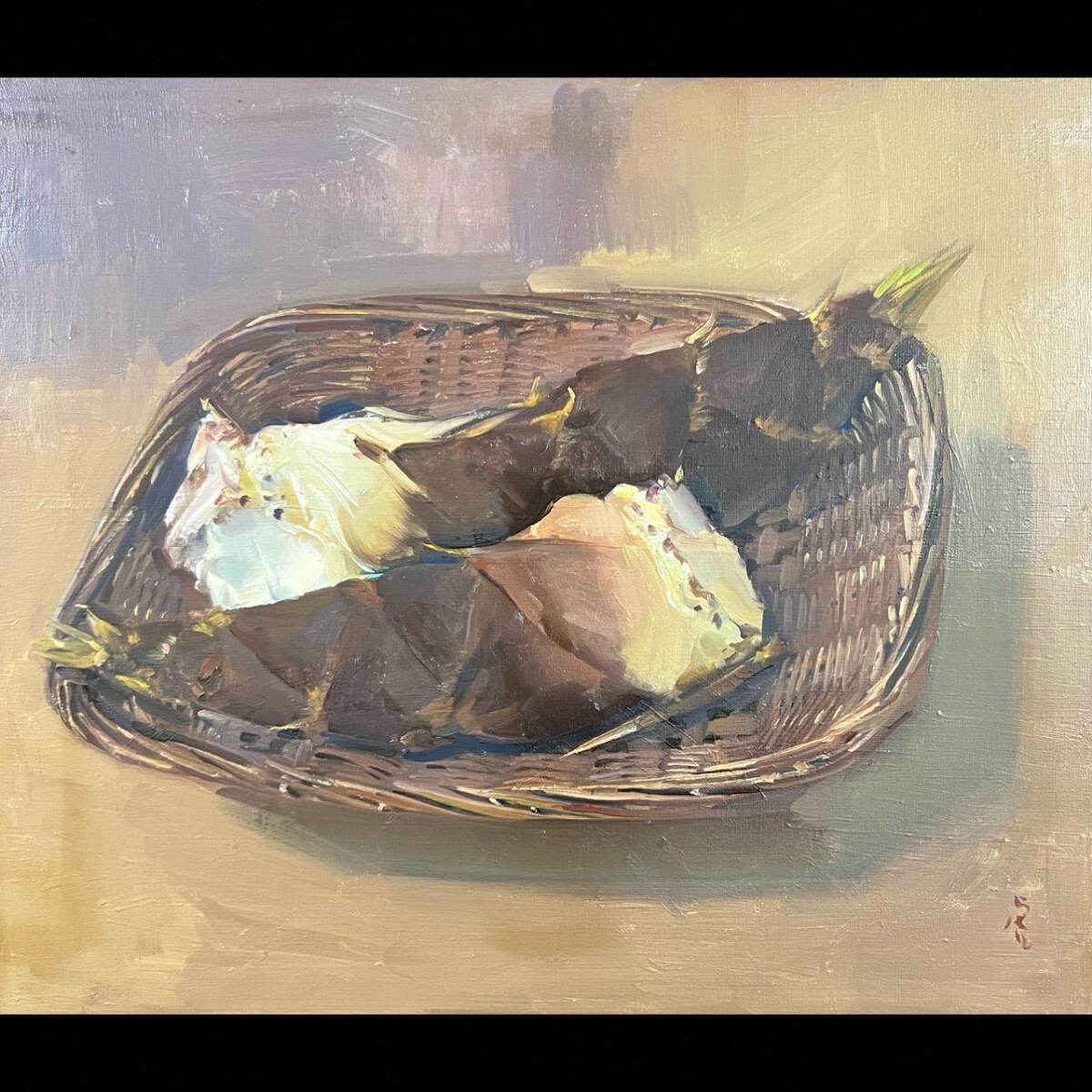 真作保証 坂田虎一「たけのこ」肉筆油彩10号 静物画 光風会会員 元日展委員 額装[麌]