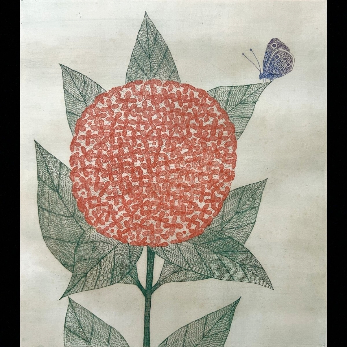 真作保証 南桂子「蝶と紫陽花」E.A版 銅版画 直筆サイン 額装[麌]