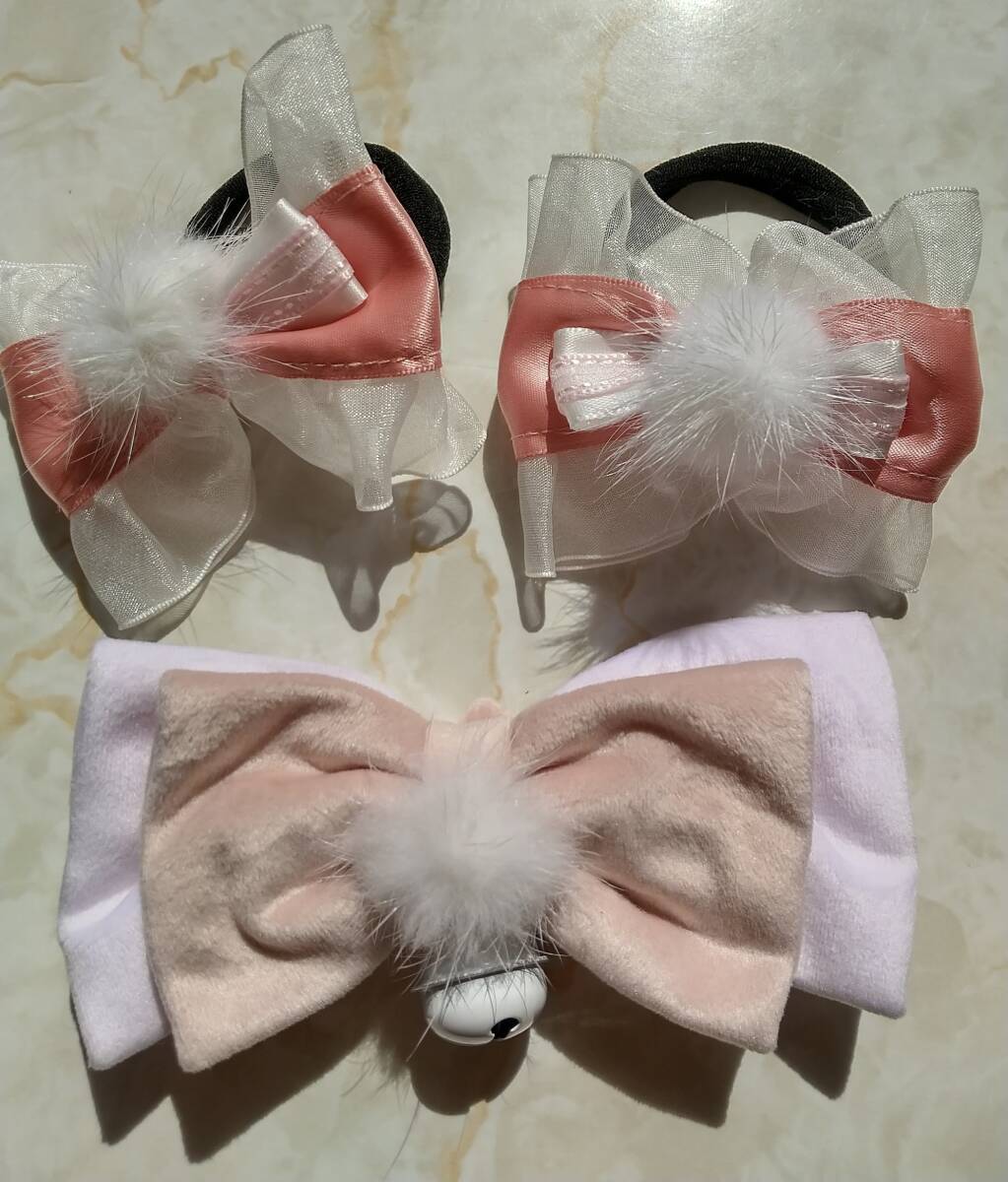 ■LucyAndLory■ファーポンポン&フリル付きリボンヘアゴム2個＋ポンポン&鈴付きリボンセット ピンク白■ロリータガーリーバイカラー