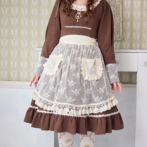 ■しまむら×愛野えりコラボ■マノンローズレースエプロン ベージュ3Lサイズ■クラシカルロリータガーリー淡薄橙受注生産大きいサイズ花柄