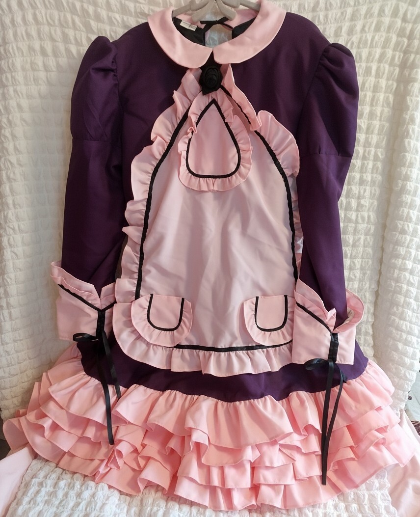 ちょびっツ原作版ちぃ紫ピンクメイド服コスプレ衣装一式 Lサイズ■ファスナー破損■パフスリーブワンピースエプロンヘッドドレスガーター