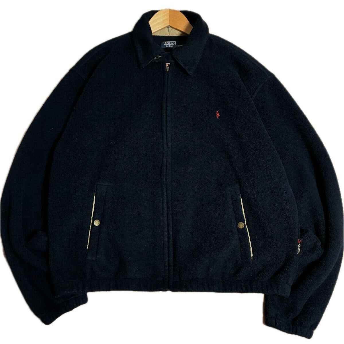 90s Polo Ralph Lauren フリース スイングトップ ブルゾン ハリントンジャケット G9 ネイビー 刺繍ロゴ ポーラテック