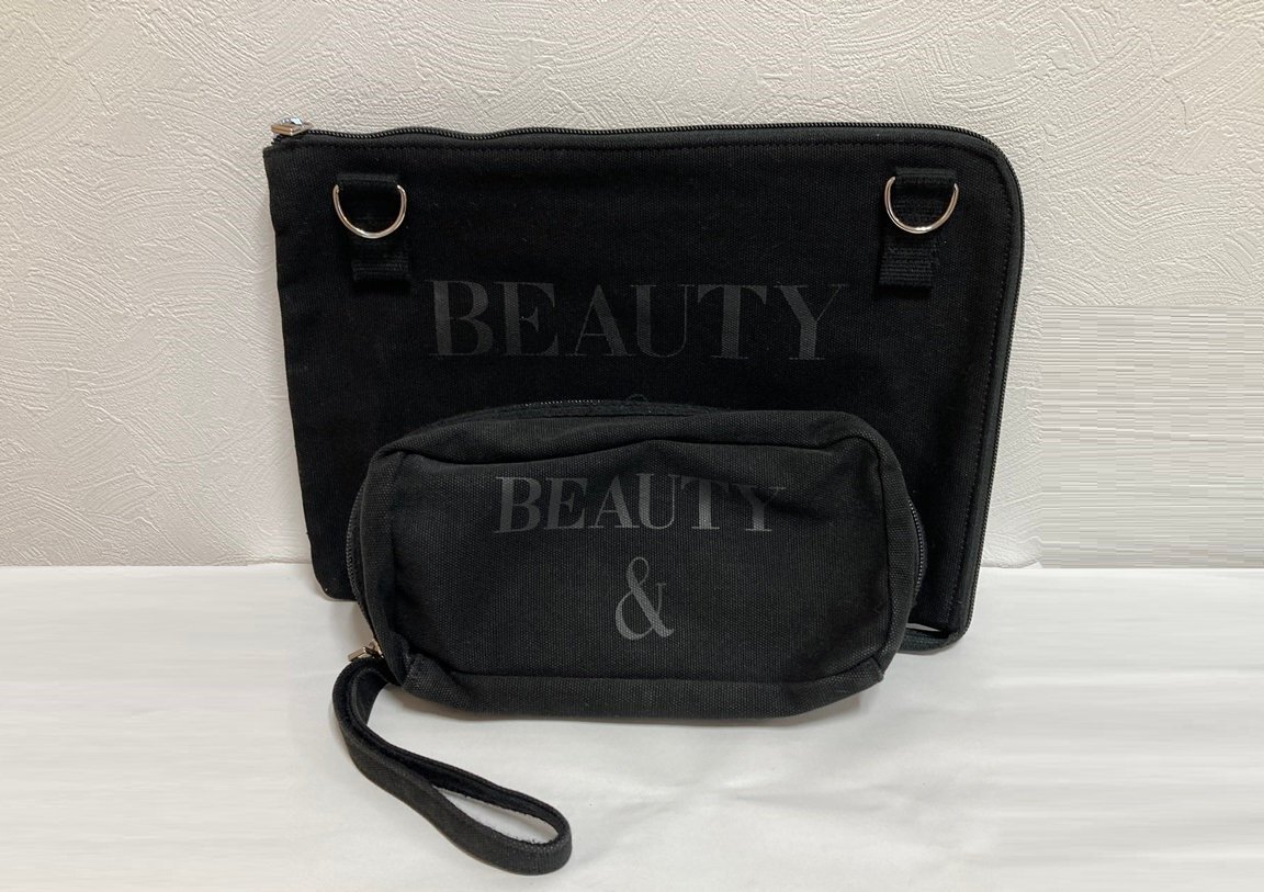 UNITED ARROWS　ユナイテッドアローズ　BEAUTY&YOUTH ビューティー&ユース　クラッチバッグ＆ポーチセット　ブラック　黒　キャンバス地