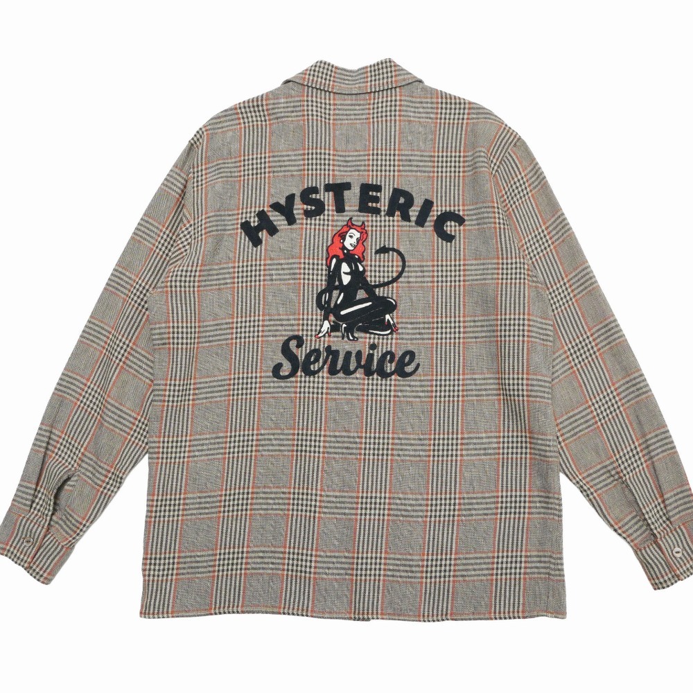 美品 2022年製■HYSTERIC GLAMOUR ヒステリックグラマー HYSTERIC SERVICE刺繍 オープンカラーシャツ 長袖シャツ サイズＬ チェック