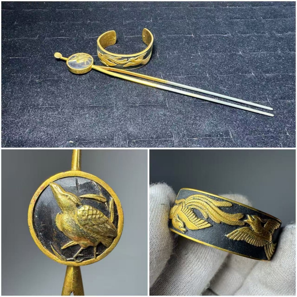 AS519 時代金工　簪　彫金　鳥図　アンティーク　明治金工　和装小物　髪飾り