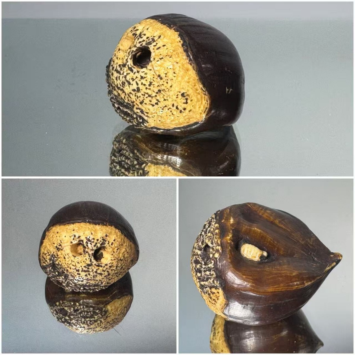 AS536 根付　栗型　天然素材　彫刻　虫入り　饅頭　印籠　提げ物　希少品