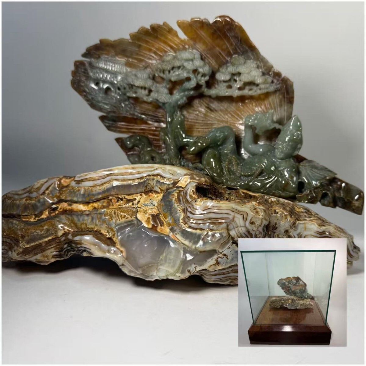AS540 中国美術　瑪瑙彫　山水人物彫　玉石彫刻　唐物　置物　メノウ　翡翠　飾りケース付　H18.5cm