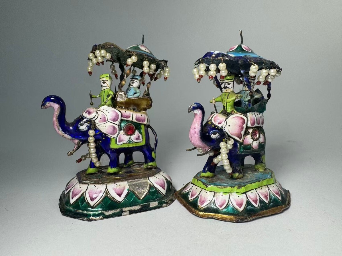 AS506 インド　エナメル　銀七宝　インド象　置物　オブジェ　総重169g