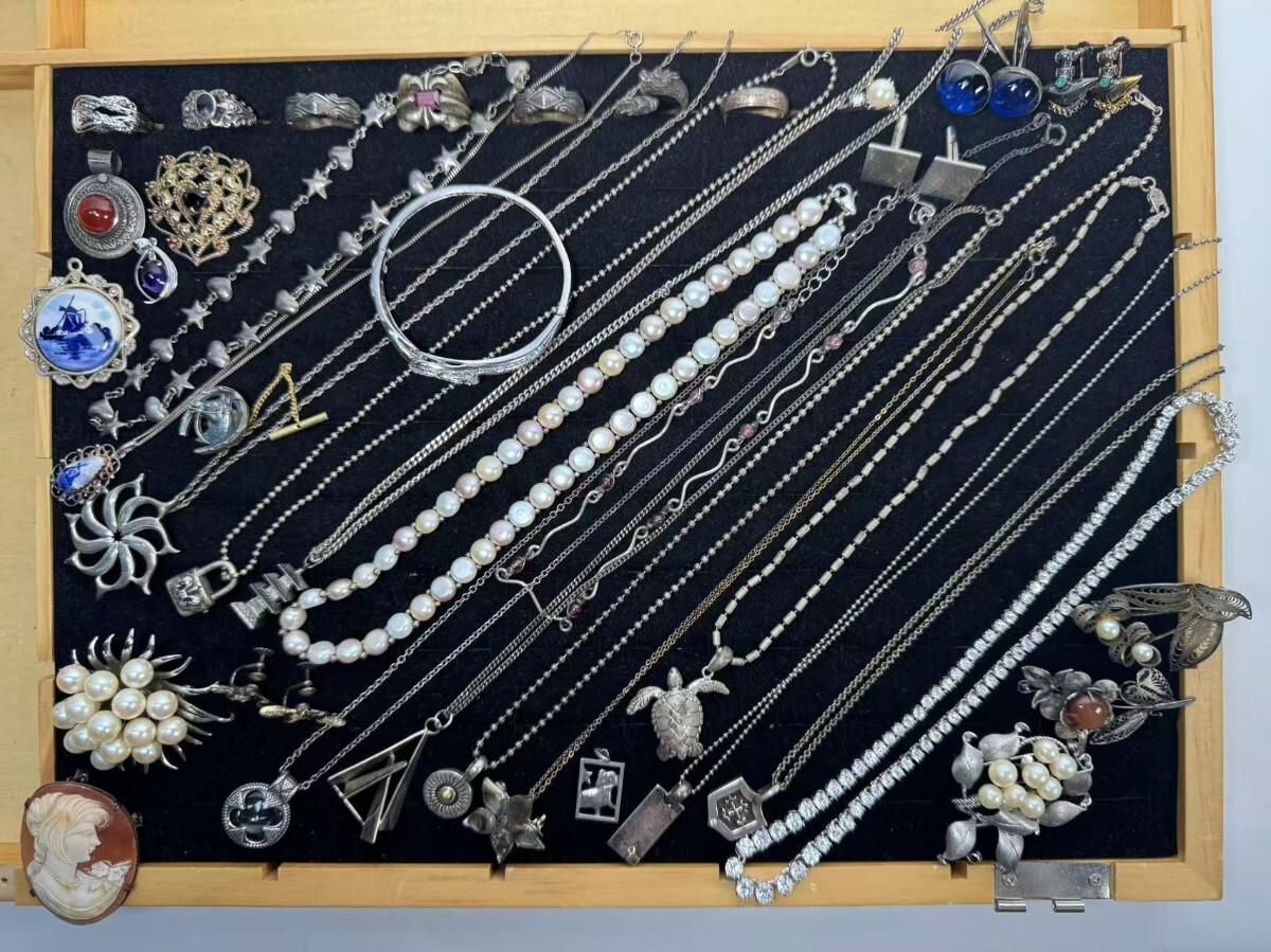 AS507 シルバーアクセサリーまとめ売り　全て刻印入り　Silver 925 Sterling ネックレス　指輪　ブローチ　イヤリングなど　色石　総重395g