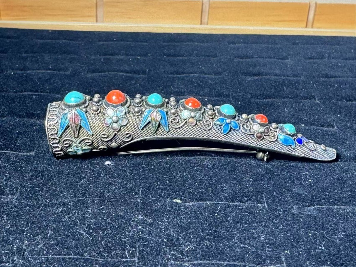 AS533 唐物　Silver 緑松石　珊瑚　ブローチ　アンティーク　フィリグリーブブローチ　長さ8.5cm