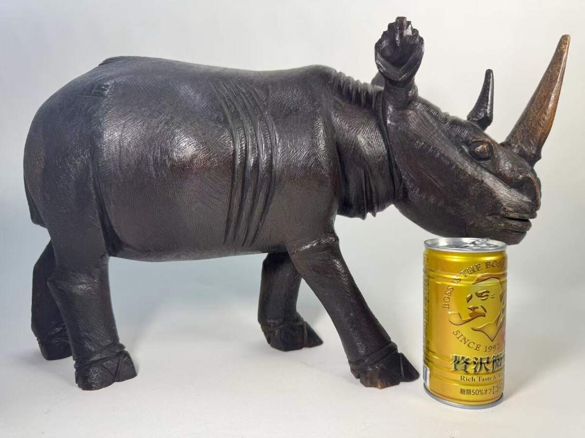 AS538 時代　木彫　サイ　置物　彫刻　床置き　オブジェ　厚重　H25cm 重4.9kg