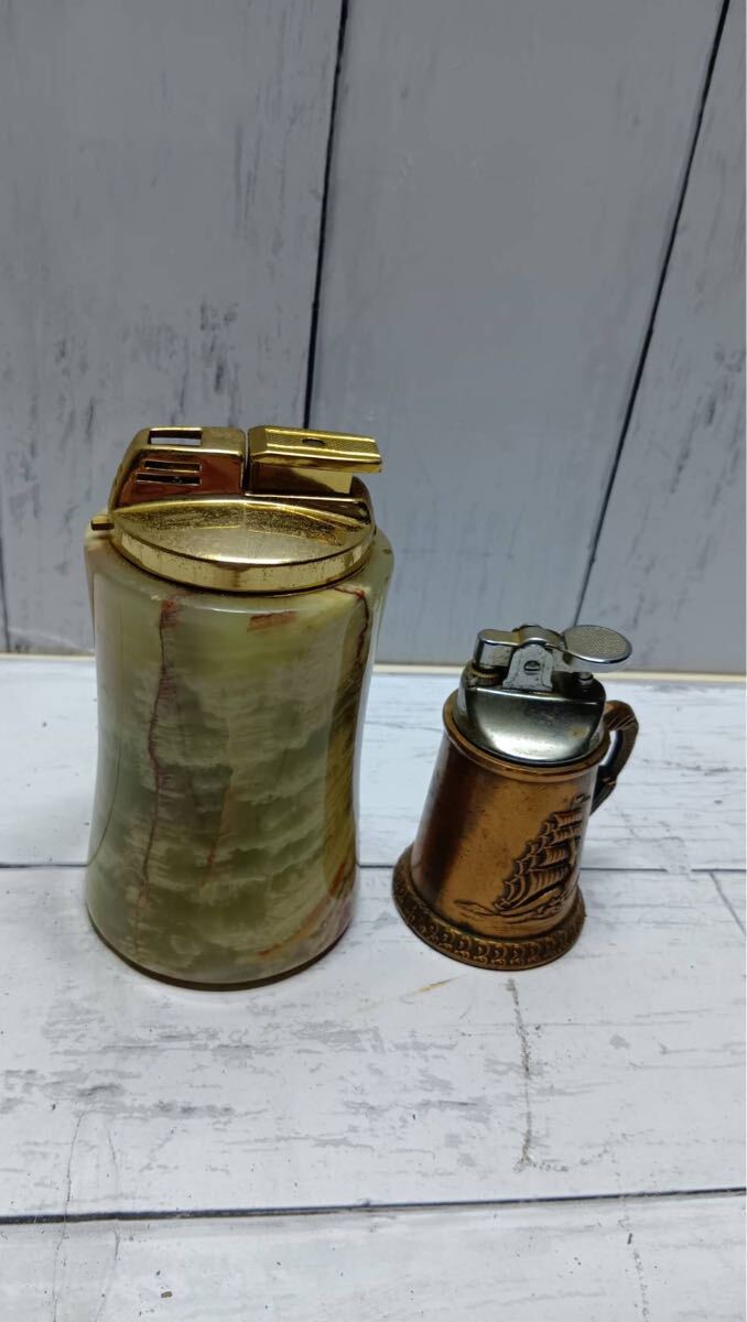 レトロ 卓上ライター 2点セット オニキス調 石製 灰皿付き 船モチーフ ビンテージ ジャンク