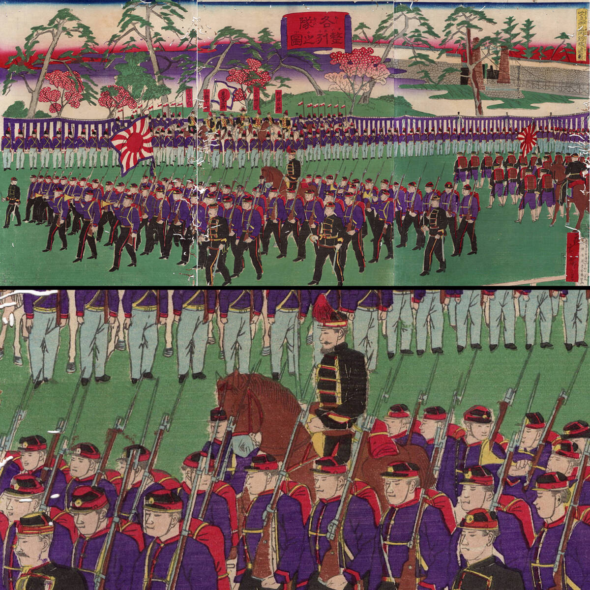 3-10 浮世絵【真作】歌川広重 応需 広重 各隊整列之図 吹上御庭内釣橋遠景 東京名所 3枚続 木版画 明治 時代 当時摺 UKIYOE Hiroshige