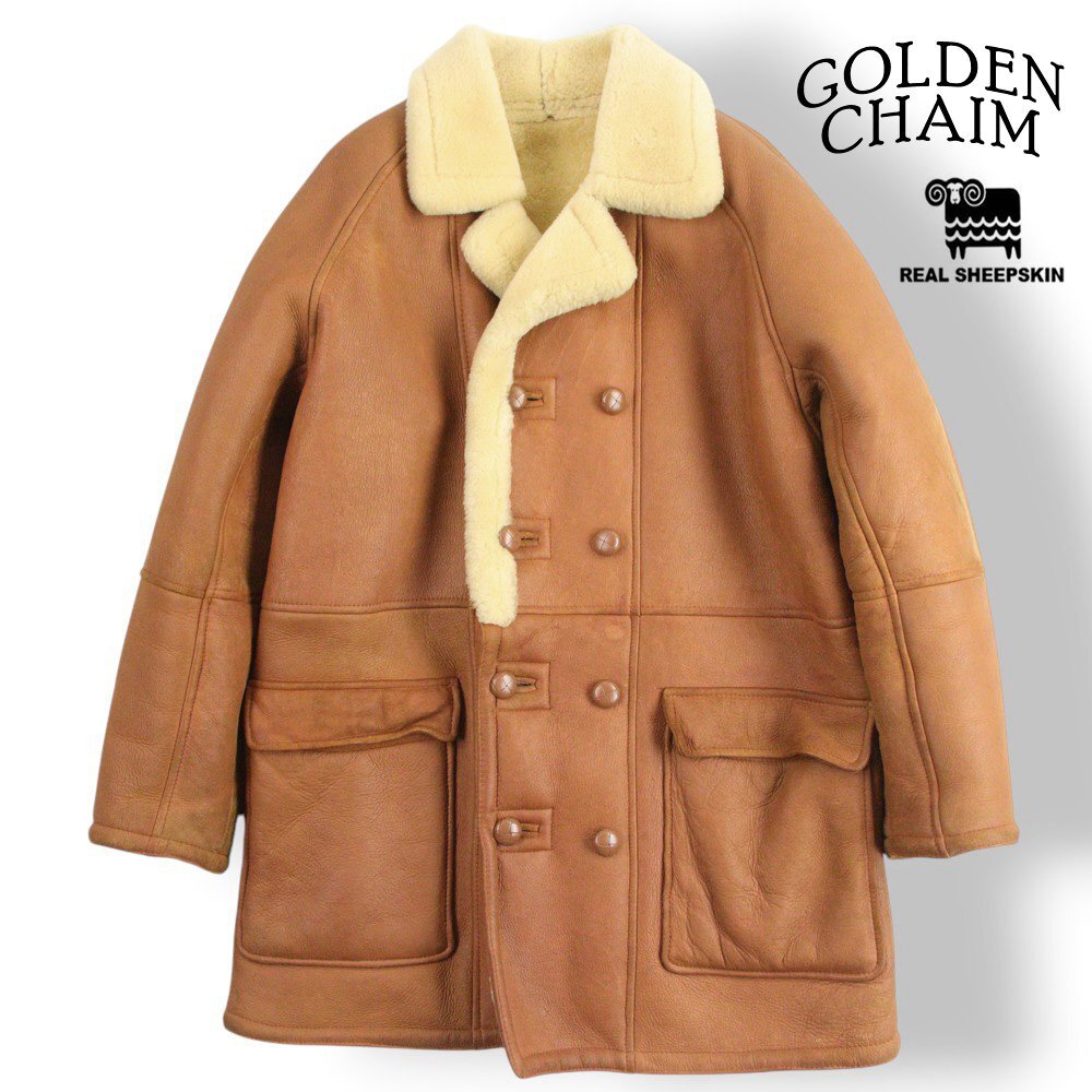 美品 Golden Chaim ゴールデンチャイム 羊革 ムートン ダブルブレスト ランチコート ムートンジャケット キャメル M【参考価格￥158,000-】