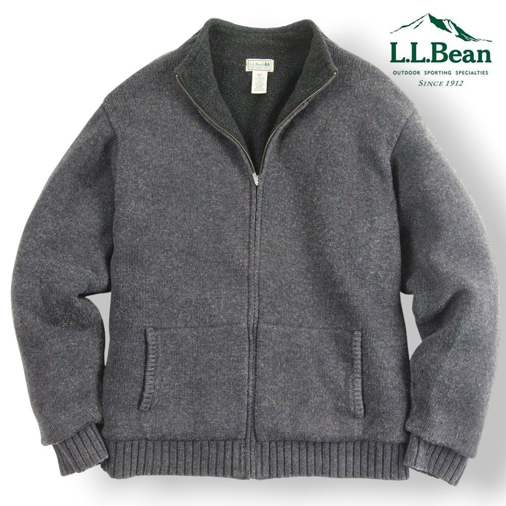 90’s ヴィンテージ！美品 L.L.Bean エルエルビーン フリース裏地 裏ボア ジップアップ ニットブルゾン グレー XL【参考価格￥42,000-】