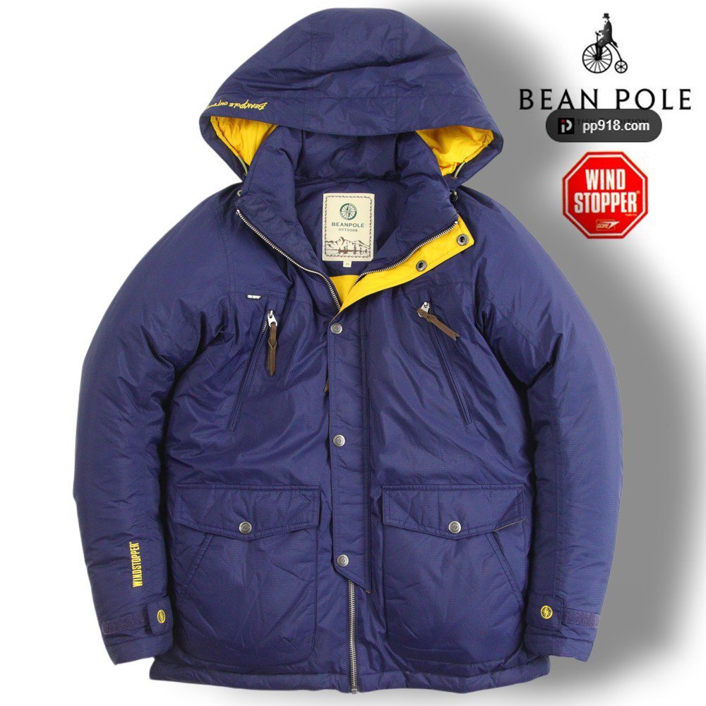 極美品 BEANPOLE ビーンポール WINDSTOPPER リップストップ フード付き ジップアップ ダウンジャケット 紺 M/95【参考価格￥55,000-】