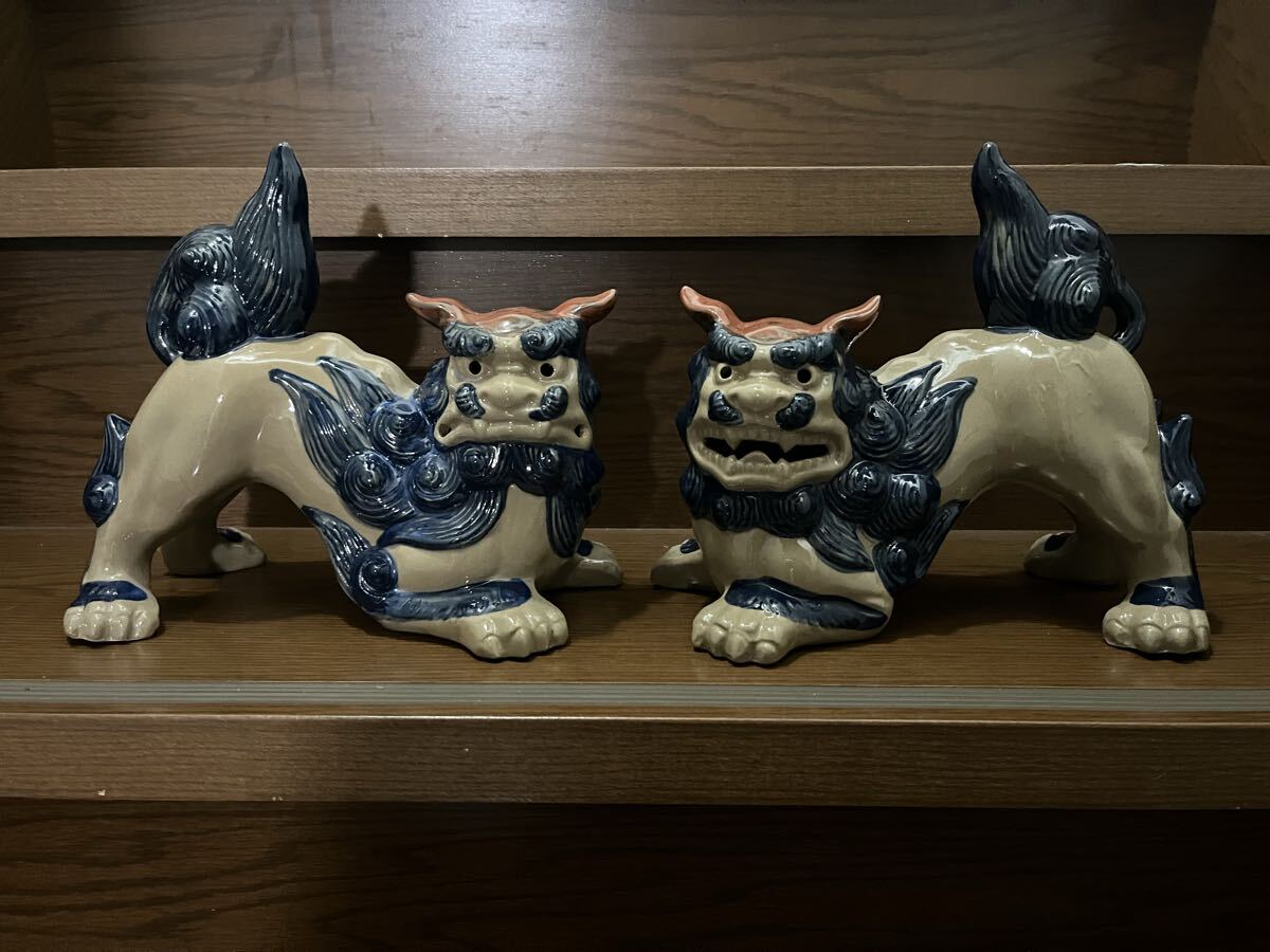 【新品未使用】琉球焼き 沖縄 宮城陶房 シーサー 置物 高さ約21㎝ 幅約25㎝ 2体 魔除けに 大きい