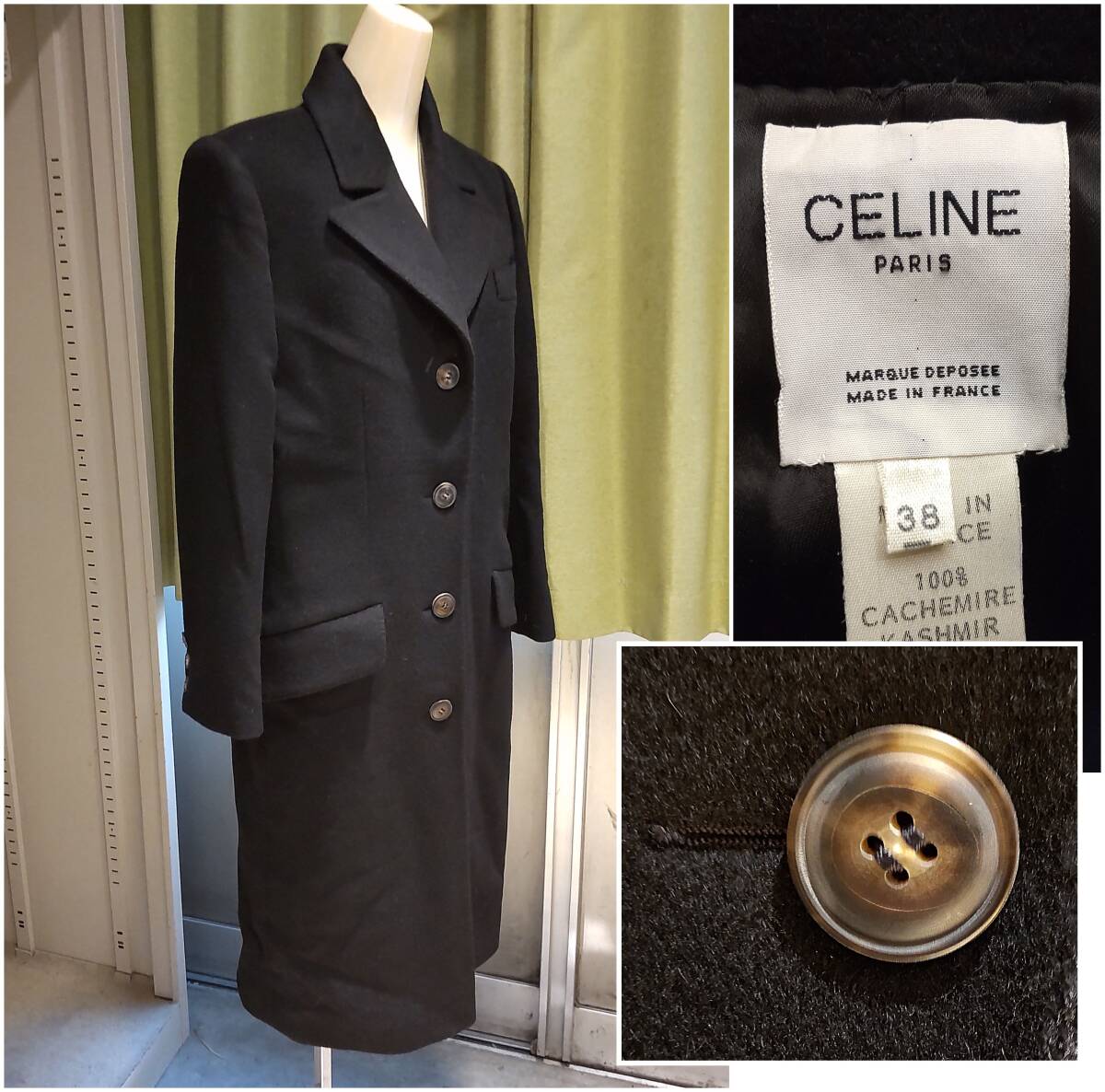 Y030301■CELINE セリーヌ カシミヤ100％ コート ブラック 黒 サイズ38(9号) 着丈約105cm 身幅約47cm クリーニング済 フランス製■