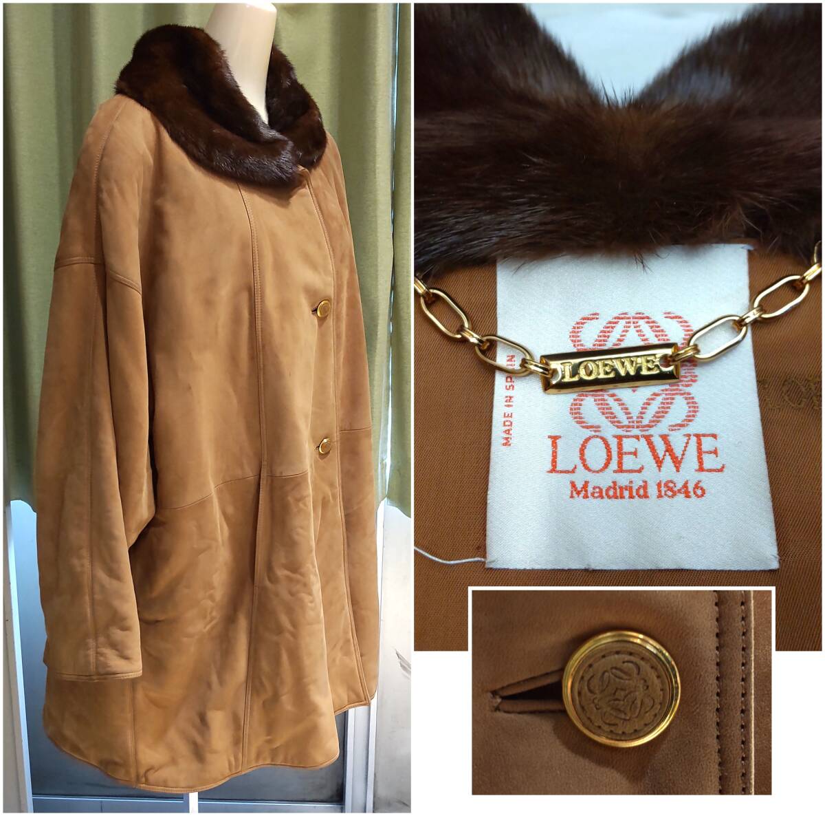 Y030302■LOEWE ロエベ ヌバック ビクーニャ レザー コート キャメル サイズ42(13号) 着丈約87cm 身幅約67cm クリーニング済 スペイン製■