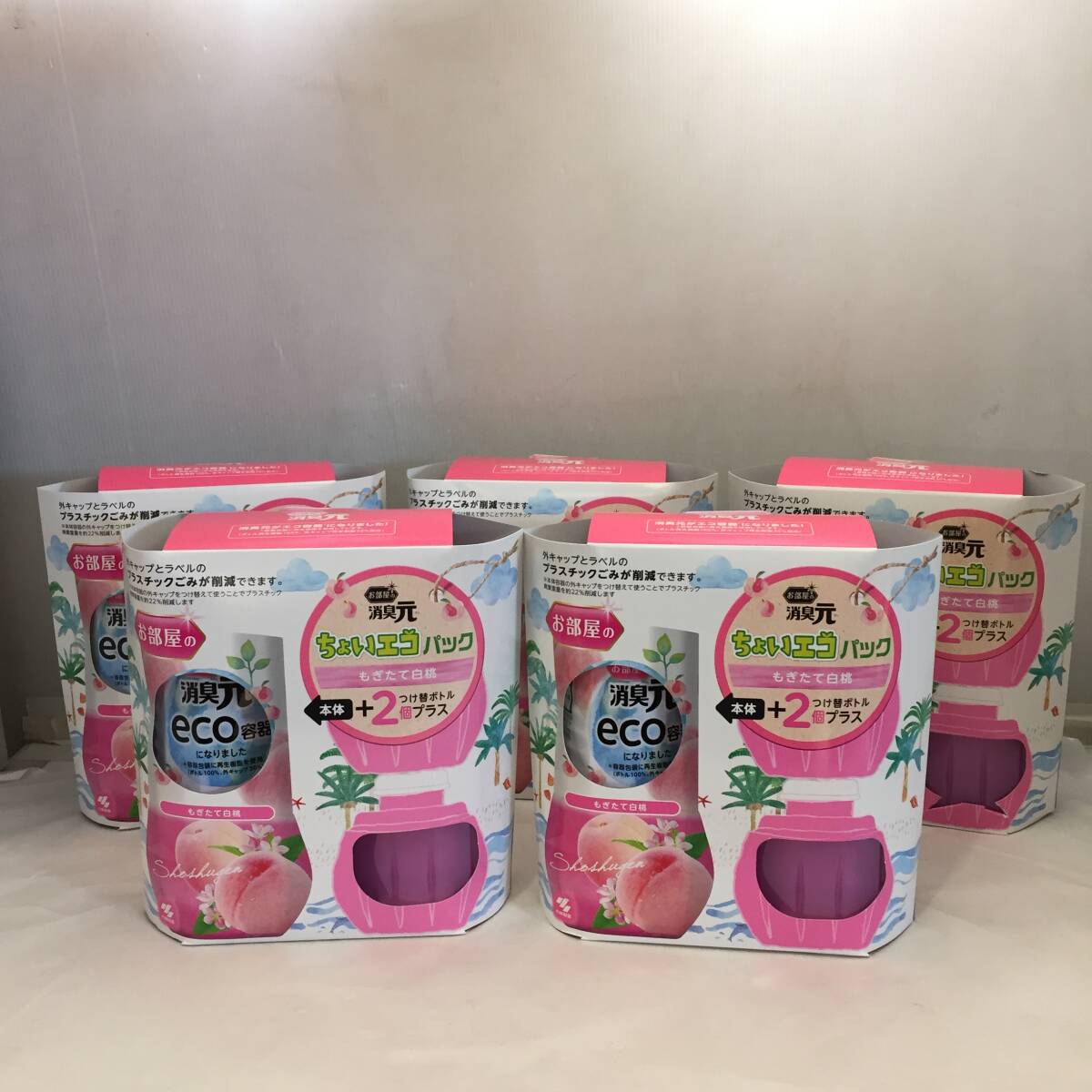 F030201◎未使用 お部屋の消臭元 もぎたて白桃 消臭芳香剤 部屋用 小林製薬 【置き型本体＋付け替ボトル2個(400ml×3個)】×５点セット◎