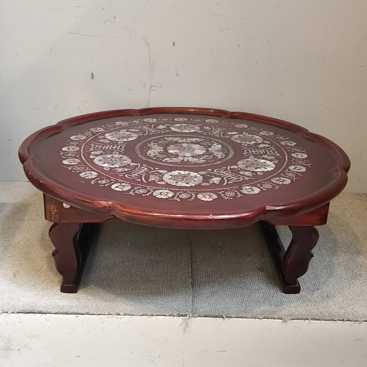 030303●難あり 螺鈿細工 折り畳み ローテーブル 座卓 ちゃぶ台 木製 膳●