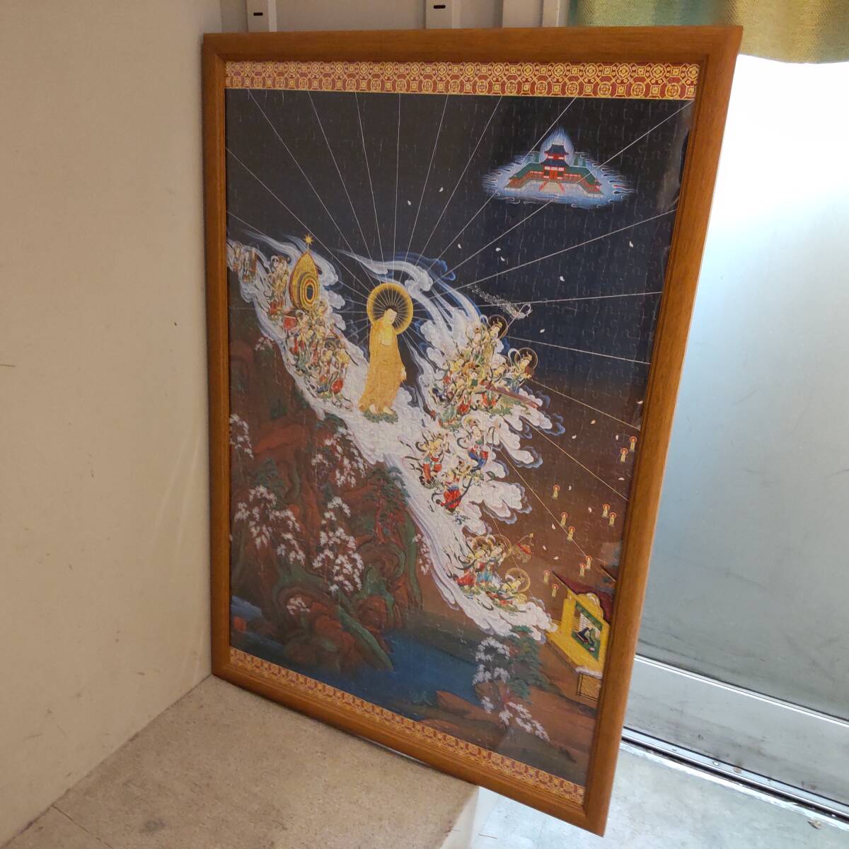 Y031905■完成品 ジグソーパズル 阿弥陀二十五菩薩来迎図 藤野正観 正法寺 仏画 額装 幅約54.5cm 高さ約80cm 1000ピース 廃盤品■