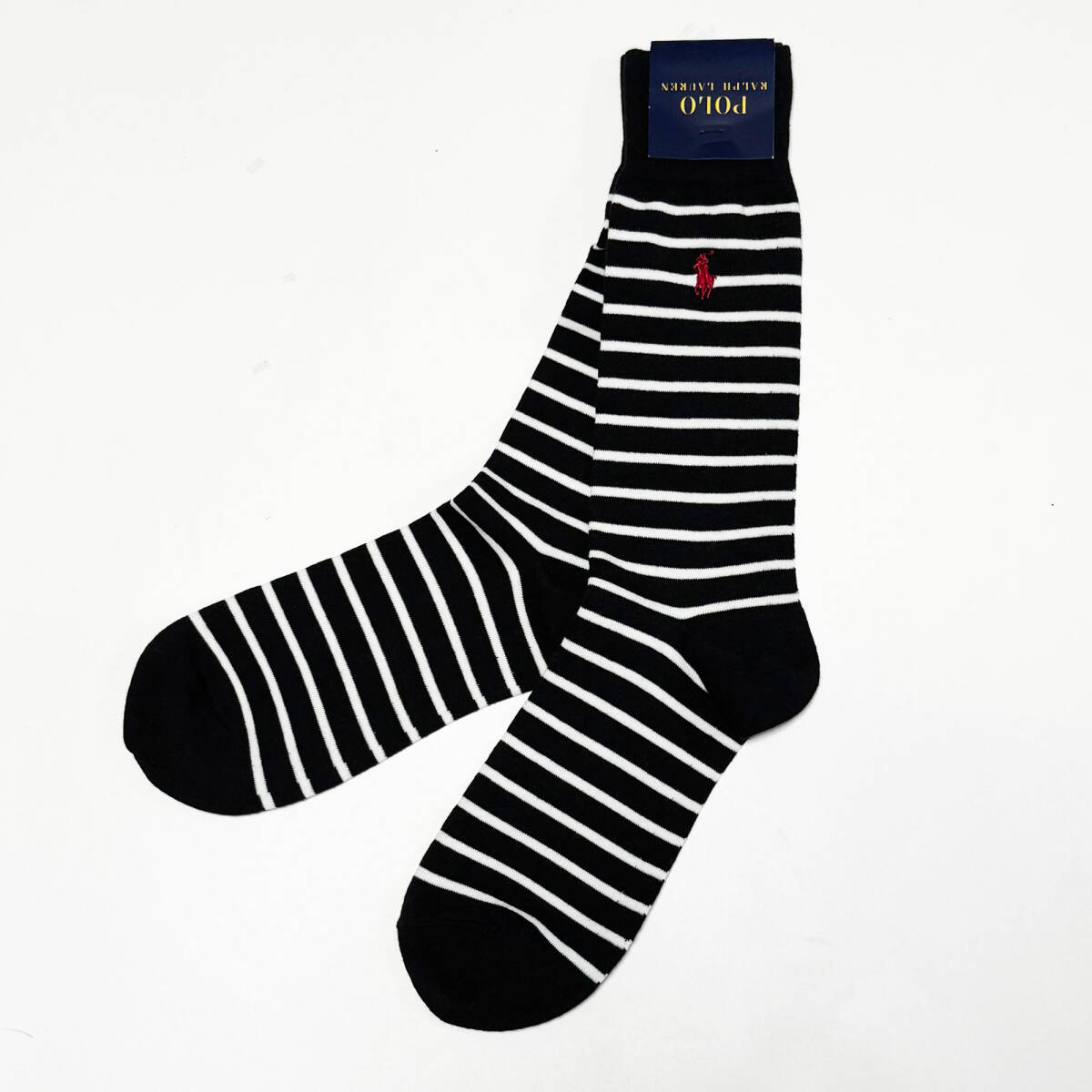 ■ポロラルフローレン ブラック/ホワイトストライプ ポニー刺繍ソックス新品■