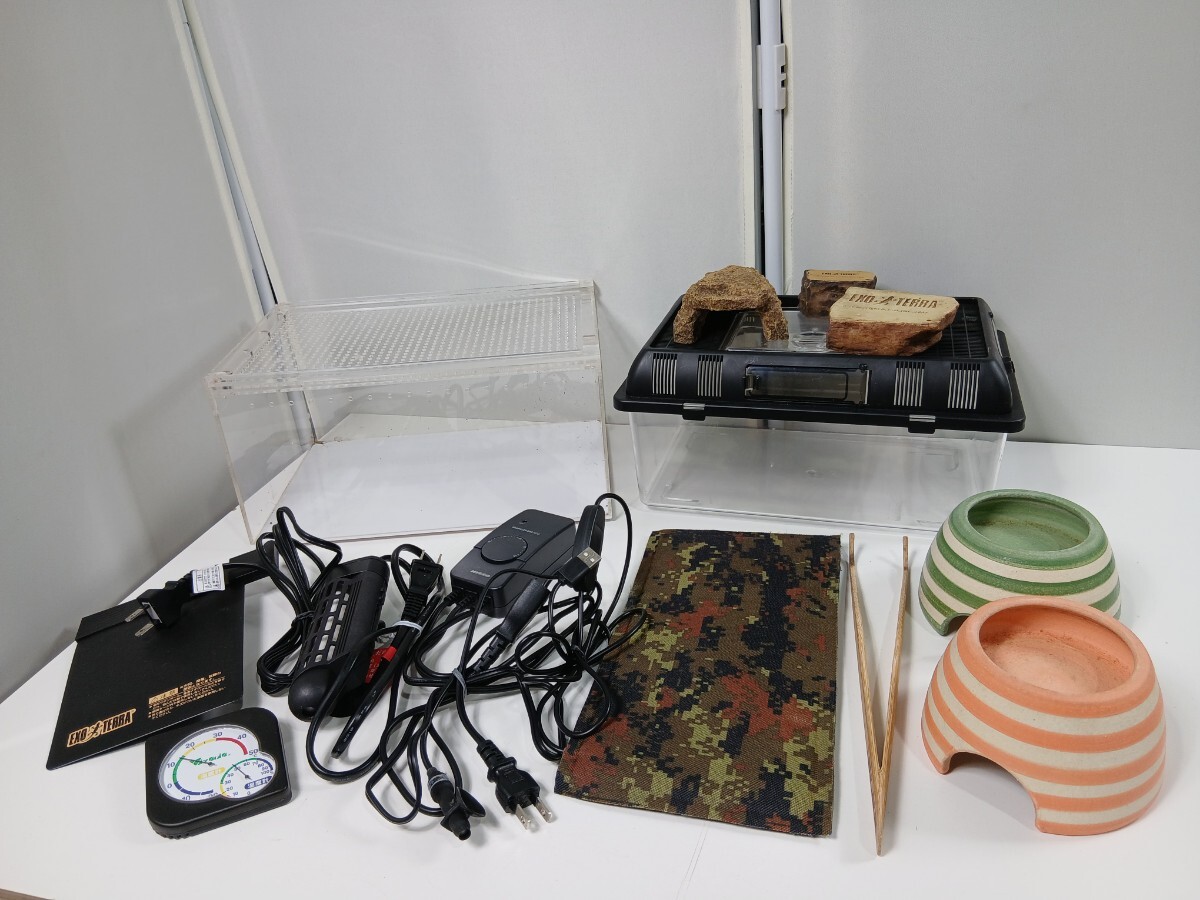 #2073 昆虫類 小動物 飼育セット 水槽 アクリルゲージ 信楽焼 ボーダーウェットシェルター ヒーター