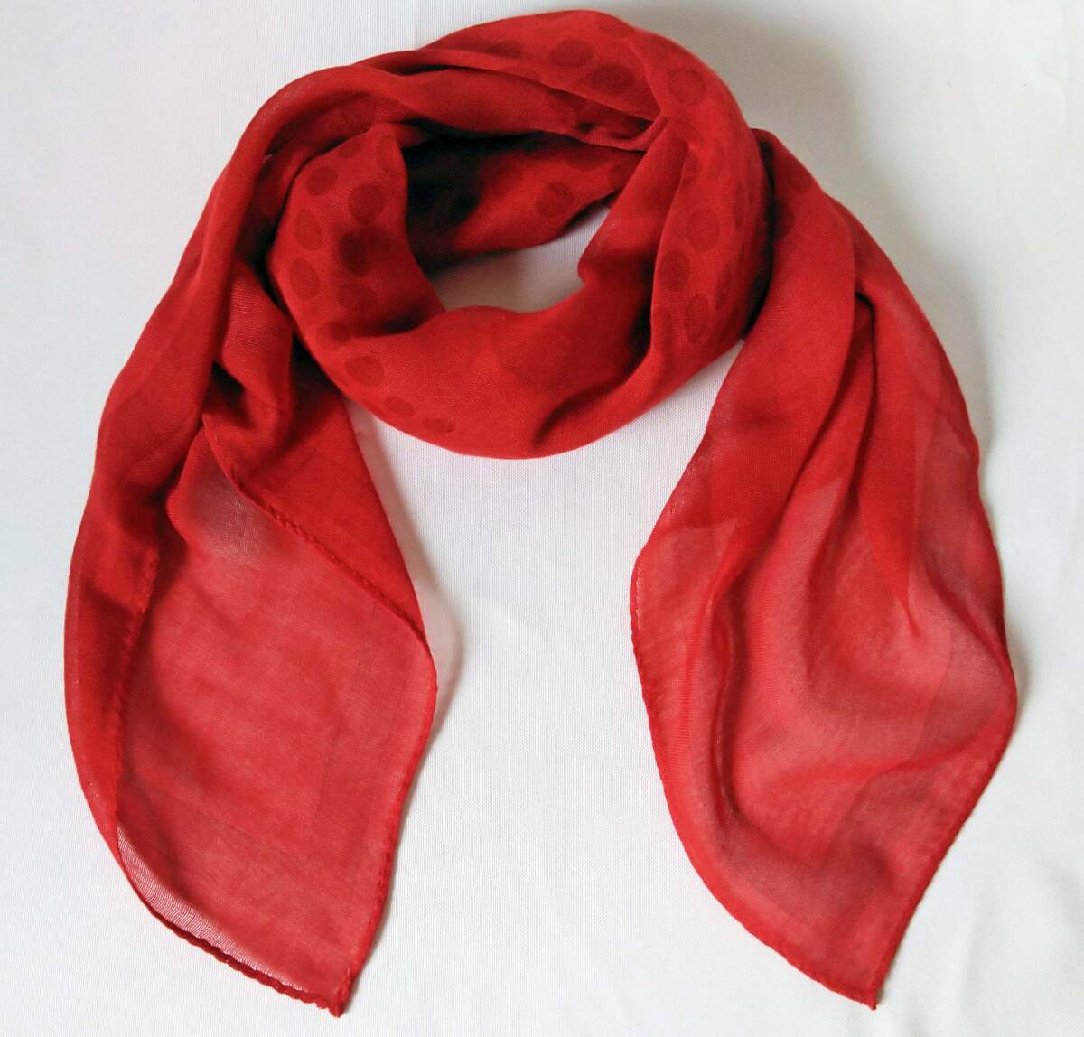 TORY BURCH トリーバーチ 赤色 ドットダブルTロゴ柄シフォン大判スカーフ 難あり