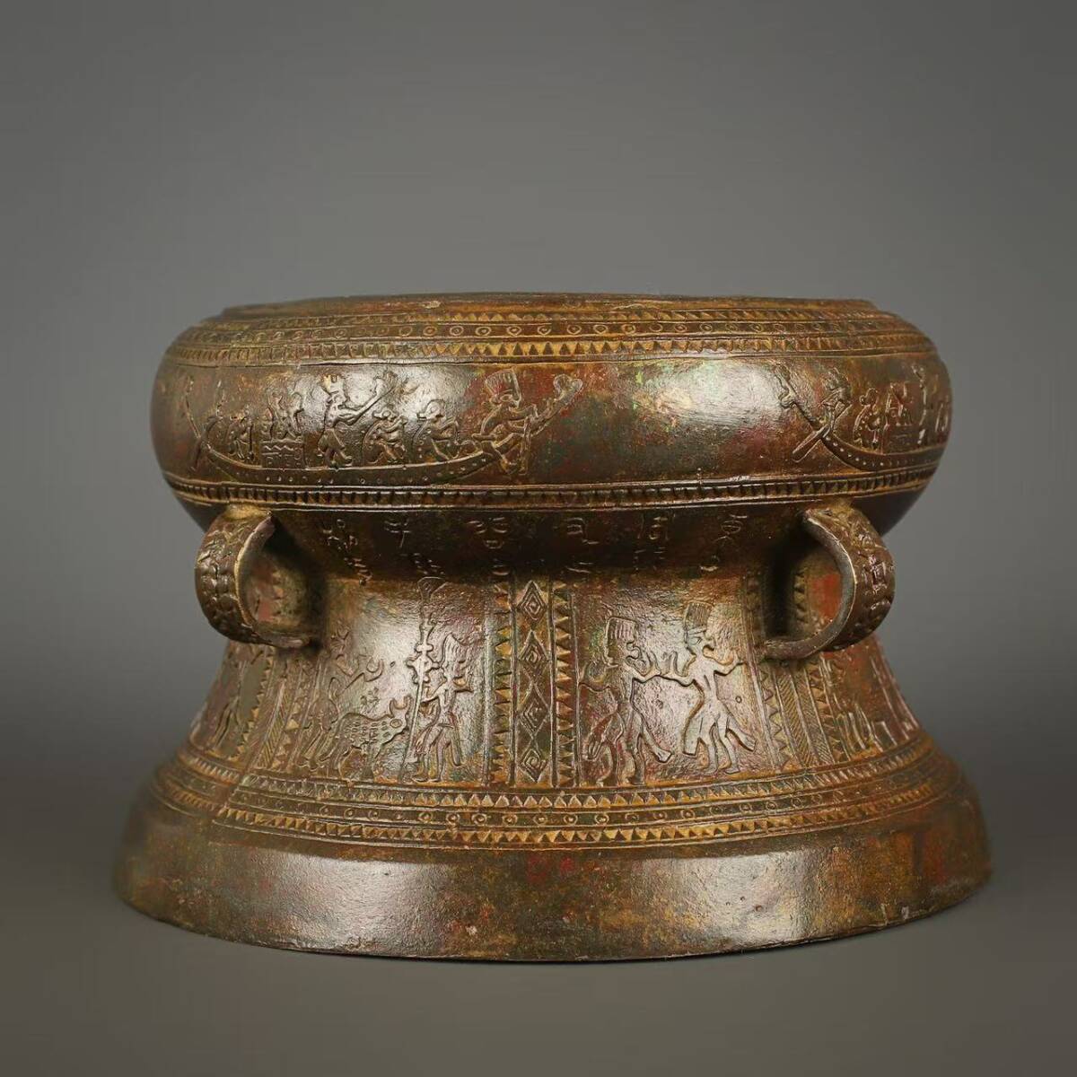 【中古文化*西南夷 青銅鼓 人物・船文様 古文様銘文 中国古銅器 古玩 コレクション】