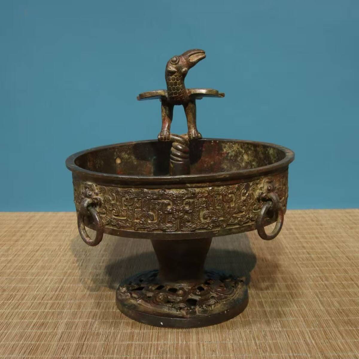 【中古文化*青銅製 立鳥高足豆 古銅 香炉 礼器 青銅器 古代中国 骨董 コレクション 工芸品】