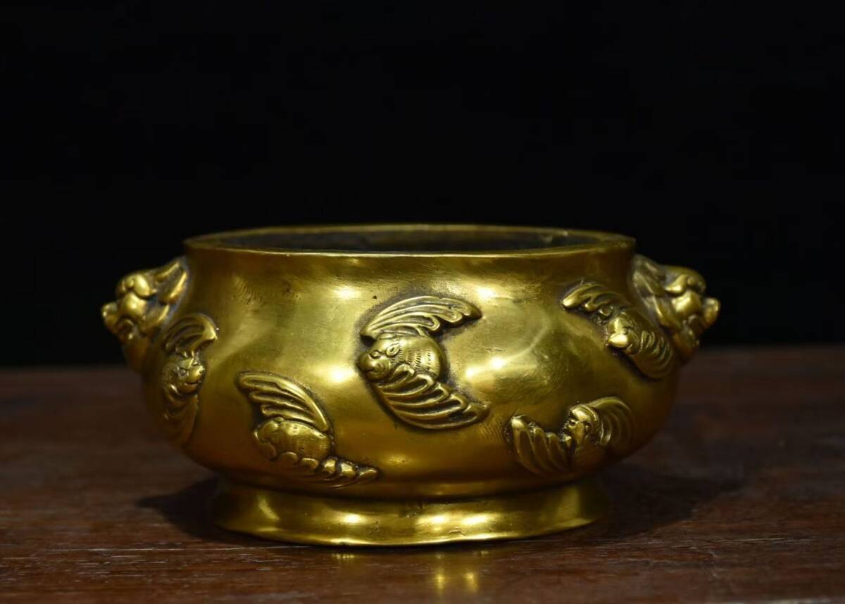 【中古文化*宝鼎款古銅製五福獅首香炉 細密浮彫 蝙蝠紋 中国古美術 香道 仏具 骨董 工芸品 永久保存価値あり】