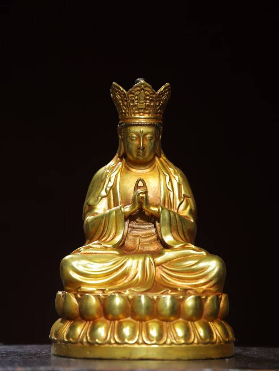 【中古文化*銅金 大日如来坐像 蓮華座 法界定印 細密彫刻 供奉置物 風水開運 古美術]