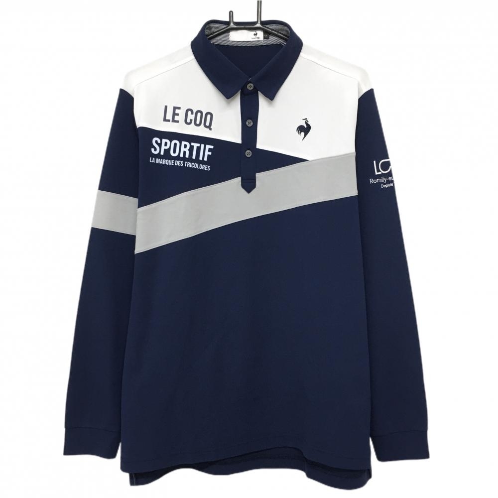 ルコックゴルフ 長袖ポロシャツ ネイビー×白×グレー 胸ロゴ メンズ LL ゴルフウェア le coq sportif
